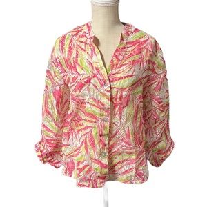 Lara Lane Long Sleeve Button Up Blouse Pink Green Semi Sheer Womens 16